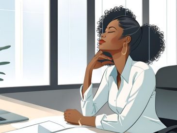 an AI Generated drawing of a woman sitting at her desk in an office with her eyes closed taking a deep breath