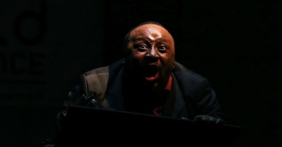 Tony Miyabmo screaming in the role of Red Peter in the theatre production "Kafka's Ape"